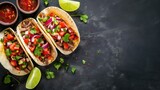 Fototapeta Mapy - Mexican tacos, amazing, orange gradient background, no lime, copy space