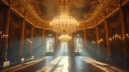 Wall Mural - A grand chandelier illuminating a ballroom adorned with gold leaf and velvet drapery.