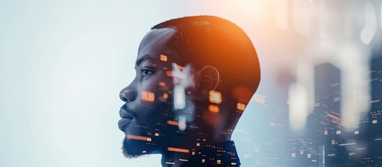 an artistic representation of a man wearing a helmet with a city skyline in the background, fused to