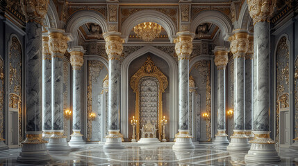 Wall Mural - A throne room with intricately carved marble pillars and a throne of ebony and ivory.
