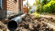 © Jennifer - installation of a sewage plastic pipe during the construction of a house. Creative Banner. Copyspace image