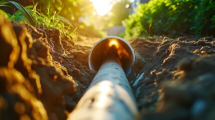 Wall Mural - installation of a sewage plastic pipe during the construction of a house. Creative Banner. Copyspace image