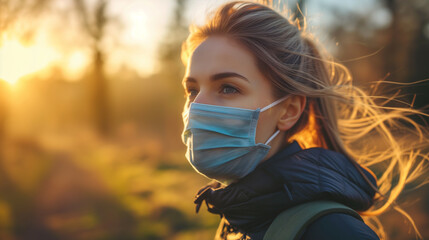 Wall Mural - Young woman wearing a surgical face mask outside. Helping to protect her body from viruses and pollen during asthma episodes.