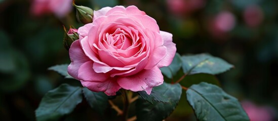 Sticker - A view of a hybrid tea rose, a flower, with pink petals and green leaves. This popular cut flower is often used in flower arranging and is a type of garden rose.