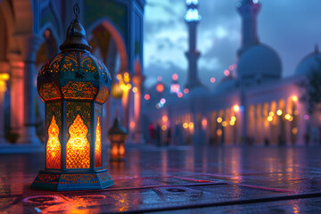 Poster - A serene, colorful mosque and a glowing lantern on a peaceful Ramadan evening