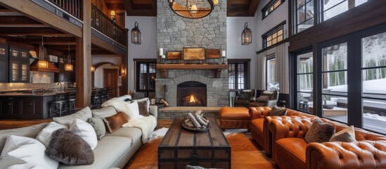 Wall Mural - New luxury living room interior design featuring a large stone fireplace and leather sofas, creating a cozy rustic vibe.