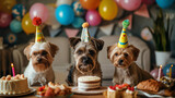 Fototapeta  - fancy dressed up dogs having a birthday party with cake, balloons, gifts, decorations, dogs are wearing birthday hats and having fun taking a portrait.