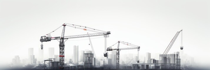 Wall Mural - A Vector illustration of Construction crane above building urban development city skyline Black construction site isolated on transparent background.