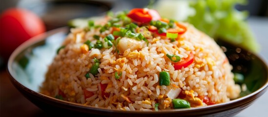 Canvas Print - A staple food dish in many cuisines, fried rice is made with rice as the main ingredient, combined with vegetables and spices, resulting in a delicious and flavorful dish on a table.