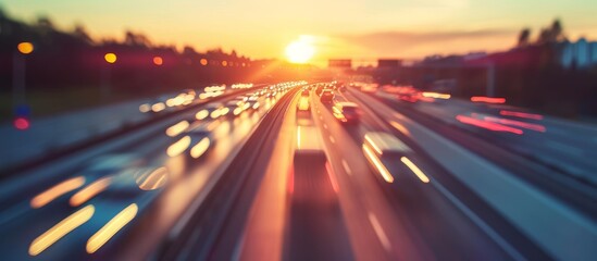 Poster - A hazy image capturing the vibrant atmosphere of a highway at sunset, with cars traversing the asphalt road under the beautiful sky.