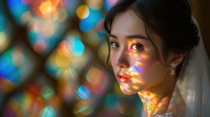 Wall Mural - A woman with her eyes covered by colorful light. Generative AI.