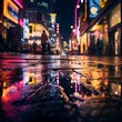 A close-up of a rain-soaked city street at night, with reflections of neon lights shimmering on the wet pavement