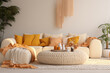 © Miracle Arts - Inviting living room ambiance with white couch and lush potted plants, bathed in warm yellow and orange tones.