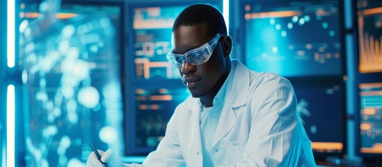 Wall Mural - a man wearing a lab coat and goggles is immersed in his job, working on a computer in an electric bl