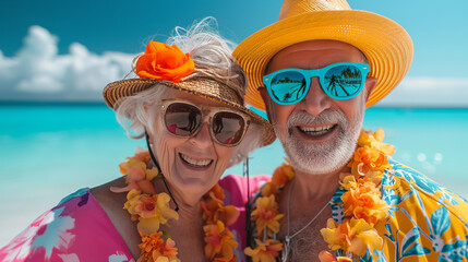 Wall Mural - Happy retired senior couple on the beach in colorful summer clothes.