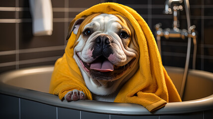 Wall Mural - An American bulldog, wrapped in a yellow towel post bath