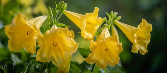 Poster - A vibrant close-up of yellow flowers with green leaves showcasing the beauty of flowering plants in the nightshade family.