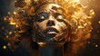 A woman's face is artistically adorned with golden, shattered fragments giving a captivating, ethereal look