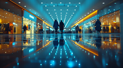 Wall Mural - Shopping mall - retail store - low angle shot - neon lights - bakeh effect 