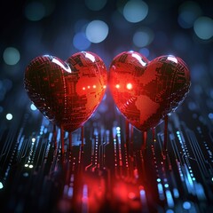 Wall Mural - Circuit board cyber network connects two hearts, symbolizing love science