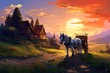 An exquisite painting capturing the beauty of a horse drawn carriage traveling along a serene country road, Rural landscape with horse and buggy, AI Generated