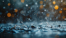 Closeup Of Rain Drops Splashing In In A Puddle. Rainy Season Autumn In A City Macro Shot, Melancholic, Sad Mood