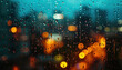 Rainy window with blurry city lights in the background. Bokeh out of focus blur, gloomy weather, melancholic mood, sadness, longing, depression concept backdrop
