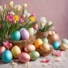  Happy Easter. Congratulatory easter background. Easter eggs and flowers.