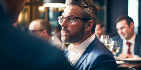 Mature handsome bearded business man wearing glasses having meeting in luxury restaurant with business partners. Discussing important work moments. Web banner template.