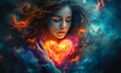 Mystical Portrait of a Woman Embracing a Vibrant Heart-shaped Nebula, Symbolizing Love, Emotion, and the Cosmic Connection of the Soul