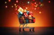 A shopping cart bursting with presents for various occasions and recipients, ready for joyful celebration, Vividly wrapped gift boxes nestled in a shopping cart, AI Generated