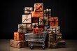A shopping cart filled with wrapped presents sits in a festive display, Wrapped boxes of various sizes stacked skillfully in a shopping cart, AI Generated
