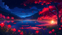 Lake Surrounded By Red Tree Leaves At Night.	
