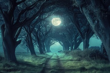 Canvas Print - An eerie and captivating photo that reveals a multitude of densely packed trees amidst the darkness of an enchanting forest, A beautiful tree corridor glowing in the dreamy moonlight, AI Generated