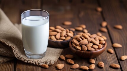 Wall Mural - almonds in a bowl with a glass of almond milk on a wooden table