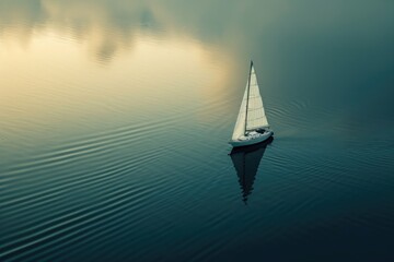 Poster - A peaceful sailboat gently floats on the tranquil surface of a calm and still lake, A boat sailing alone on smooth water, AI Generated