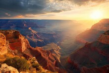 Witness The Stunning Beauty Of The Sun Setting Over The Majestic Grand Canyon, A Breathtaking View Of The Grand Canyon At Sunrise, AI Generated