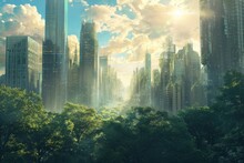 Futuristic City Enveloped By Trees And Clouds, A Captivating Blend Of Nature And Technology, A Bustling City With Skyscrapers Shimmering In The Midsummer Sunlight, AI Generated