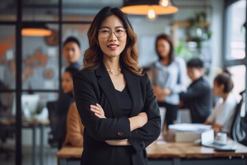 Wall Mural - A woman confidently stands tall in front of a diverse group of attentive individuals, A businesswoman leading her team at the office, AI Generated