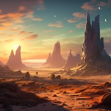 A Vast, Alien Desert Landscape With Towering Rock Formations And A Distant, Double Sun Setting On The Horizon
