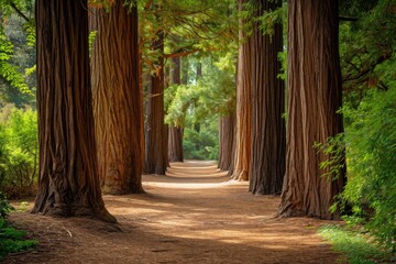 Wall Mural - A peaceful dirt road winding its way through a dense forest lined with tall trees, A captivating grove of sequoia trees sheltering a quiet path in a park, AI Generated