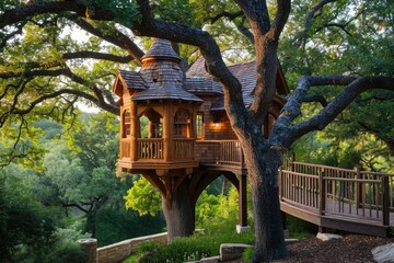 This photo captures a charming, rustic tree house nestled amidst the tranquility of a lush green forest, A children's treehouse in a lush, sprawling oak tree, AI Generated