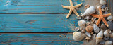 Fototapeta Łazienka - Flat lay Minimal summer holiday vacation concept, Top view rocks and seashell starfish on blue wood background