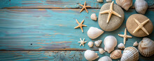 Flat Lay Minimal Summer Holiday Vacation Concept, Top View Rocks And Seashell Starfish On Blue Wood Background