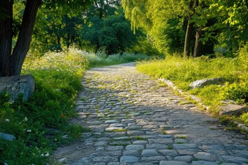 Wall Mural - A peaceful cobblestone road winds through a dense forest, providing a serene and tranquil setting, A cobblestone pathway through a lush countryside during a warm summer day, AI Generated