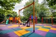 Childrens Play Area in Park, Fun and Safe Outdoor Recreation for Kids, A colorful playground equipped with swings, slides, and seesaws, AI Generated