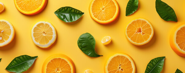 Wall Mural - Top view flat lay seamless pattern with oranges slice and green leaf on yellow background