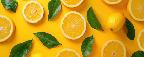 Top view flat lay seamless pattern with oranges slice and green leaf on yellow background