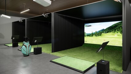 Indoor golf simulator 3d rendering