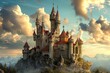 An impressive castle stands proudly on the summit of a mountain, shrouded in clouds, A whimsical fairytale castle with turrets touching the sky, AI Generated